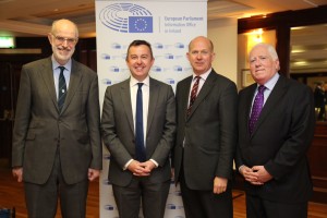 Brian Hayes MEP (second from left) with British Ambassador Dominick Chilcott flanked by Francis Jacobs, Euro Parliament office, Dublin, and AEJ Chairman Richard Moore.