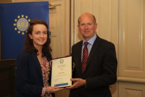 Ambassador Chillcott presents membership to Claire Fox, Mitchelstown, Co Cork, who recently won the European Commission student media award for an article on the EU at the recent Student Media Awards. She is a final year student at UCC.